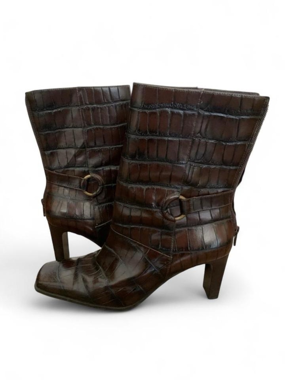 VTG Amanda Smith Karma Brown Croc Embossed Leather Heeled Boots 8M Brazil Y2K